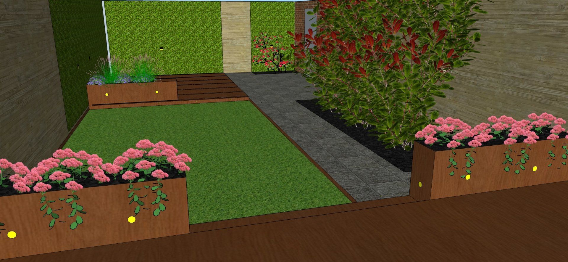Een tuintafereel met groen gras, bloembakken en een stenen pad dat naar een houten poort leidt.