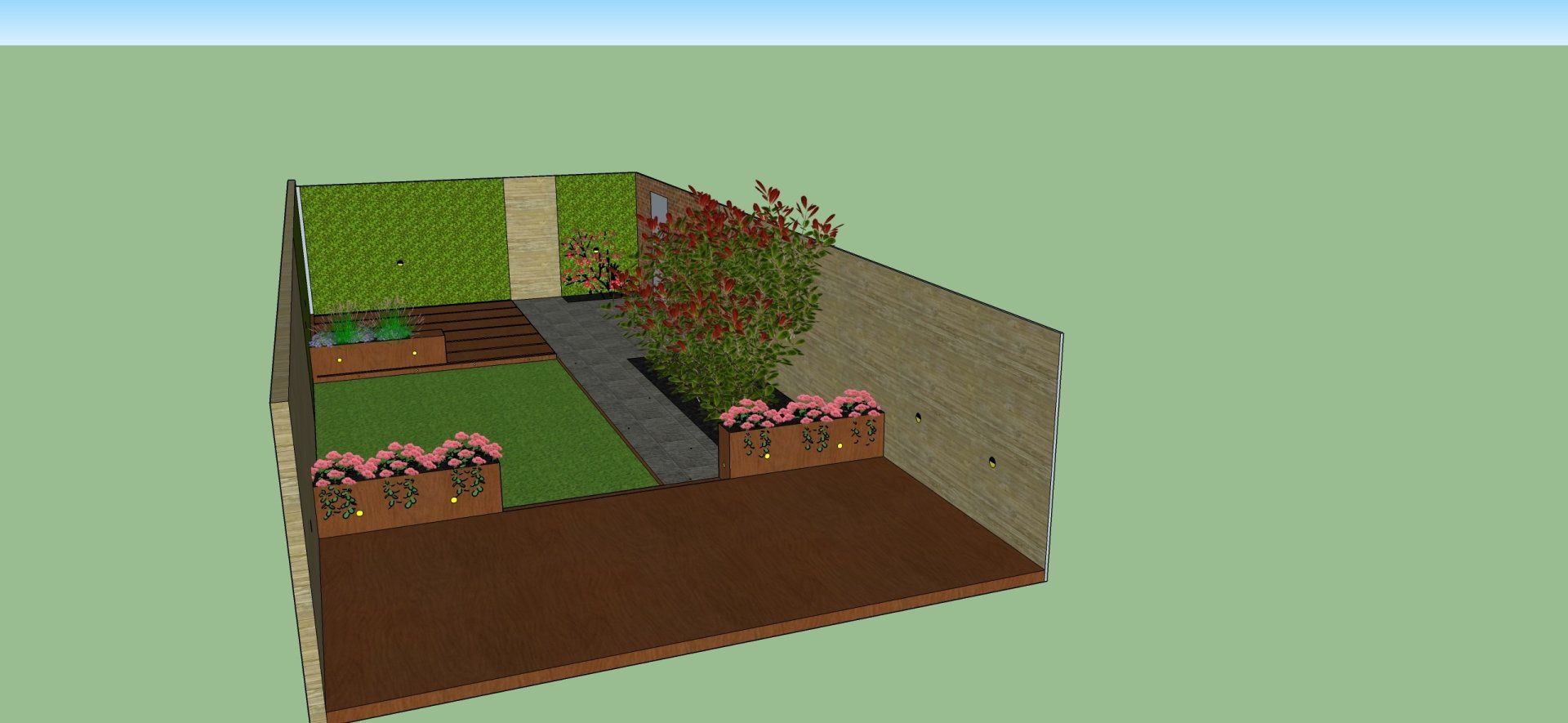 3D-model van een kleine tuin met een pad, gras, bloembakken en een muur.