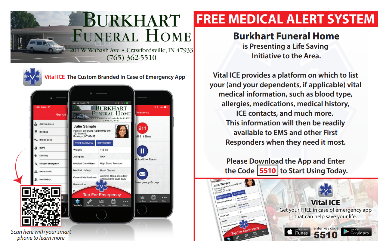 Burkhart Funeral Home ad for a free medical alert system, showing a phone app, QR code, and help button device