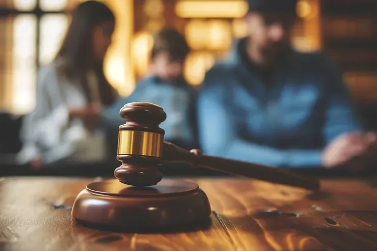A Judge's Gavel Is Sitting On A Wooden Table In Front Of A Family — David Tamanika Solicitors in Bacchus Marsh, VIC