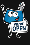 Integrity Auto Glass mascot holding a “We’re Open” sign – cartoon windshield character with crown, smile, and friendly design.