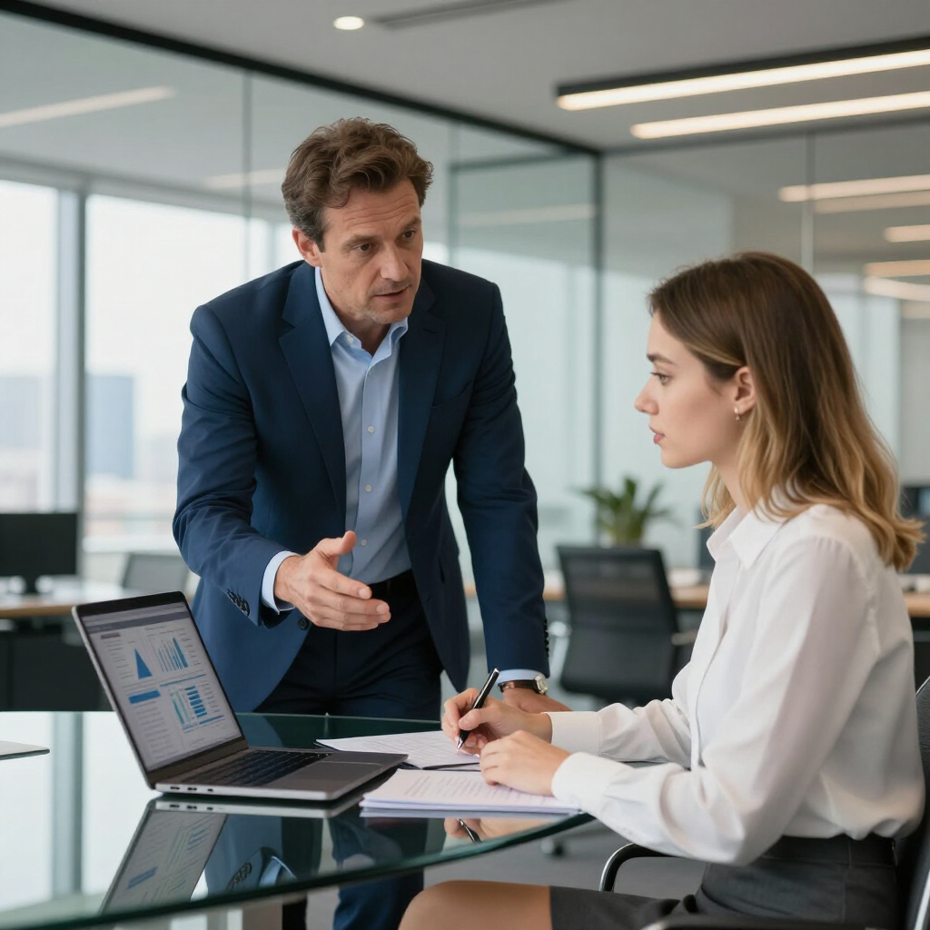 Two coworkers discuss charts in a modern glass office beside a laptop and desk