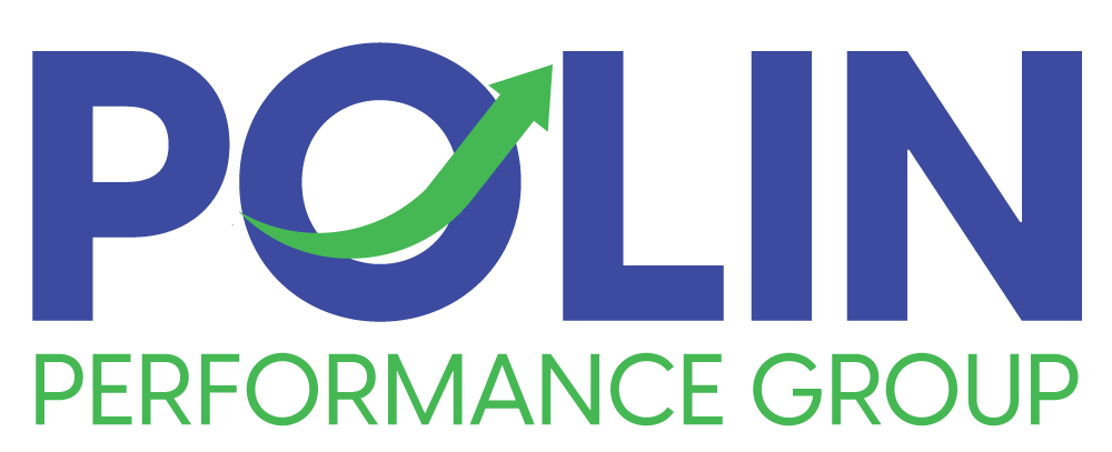 POLIN Performance Group logo in blue and green with stylized leaf circle motif