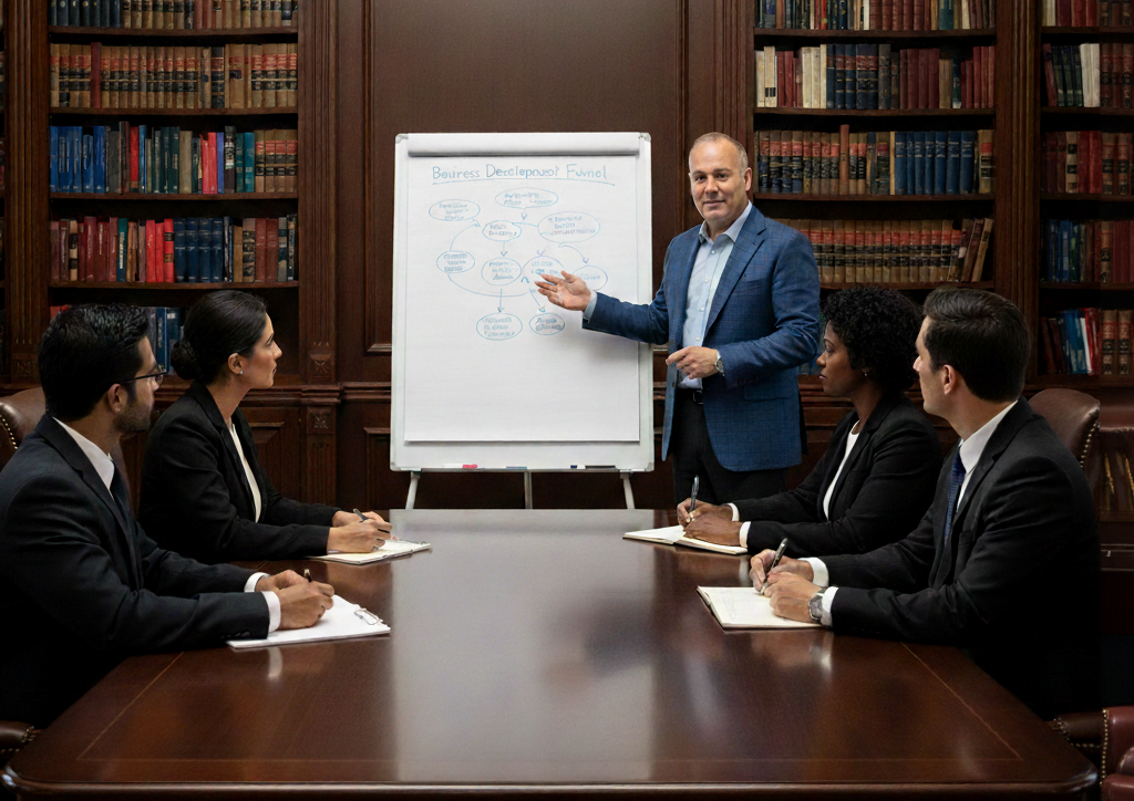A professional leads a meeting, presenting a flowchart on a whiteboard to four people seated around a conference table.