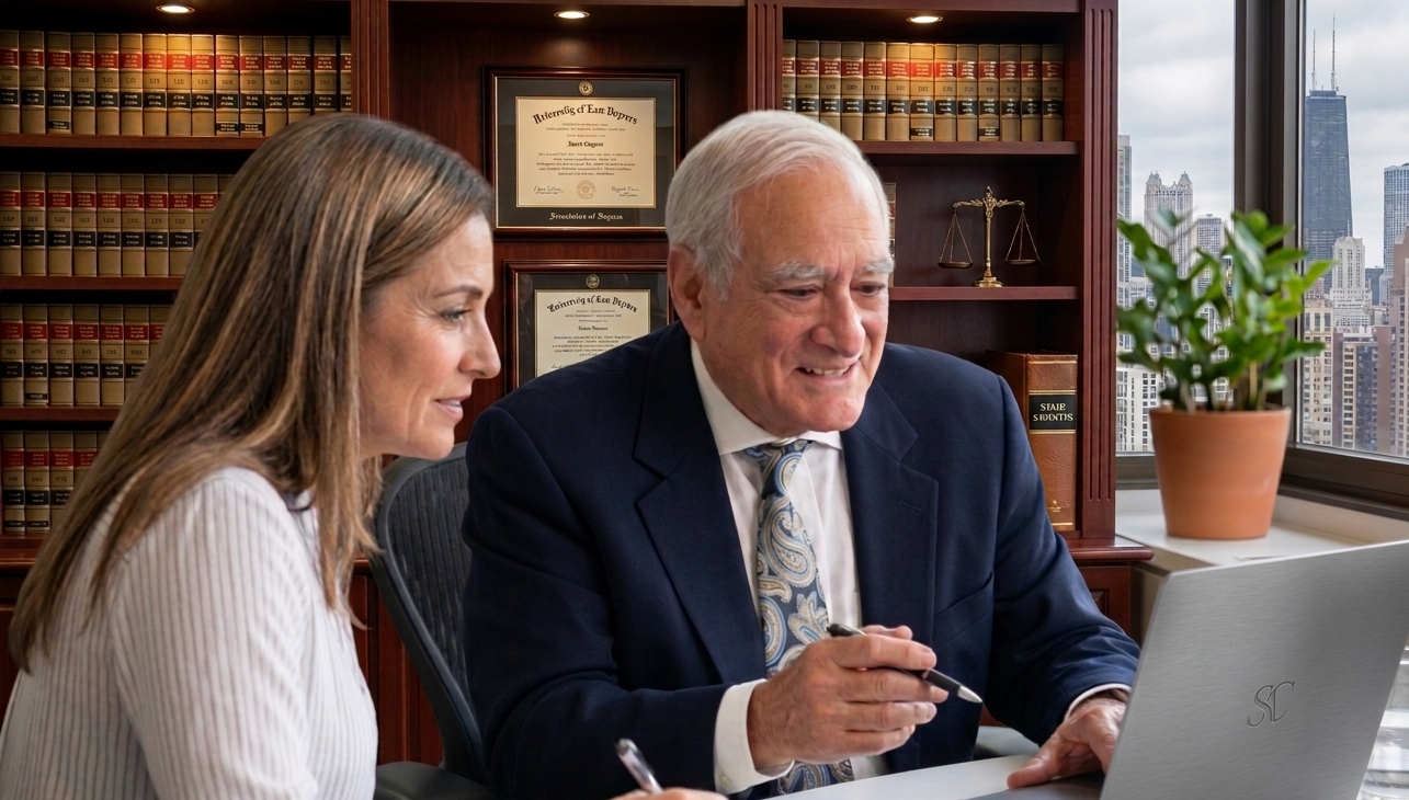 A woman and a man in business attire look at a laptop screen together in a law office with bookshelves in the background.