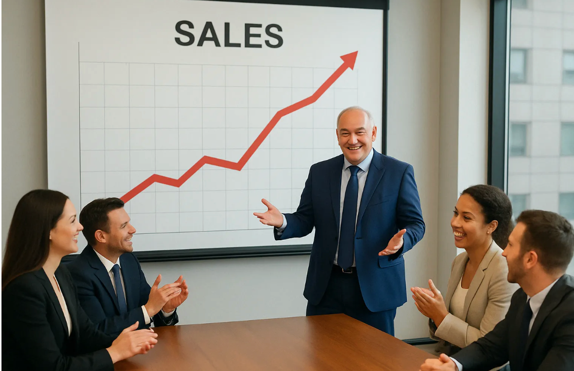 A professional presenting in a meeting as colleagues clap in front of a whiteboard displaying an upward sales graph.