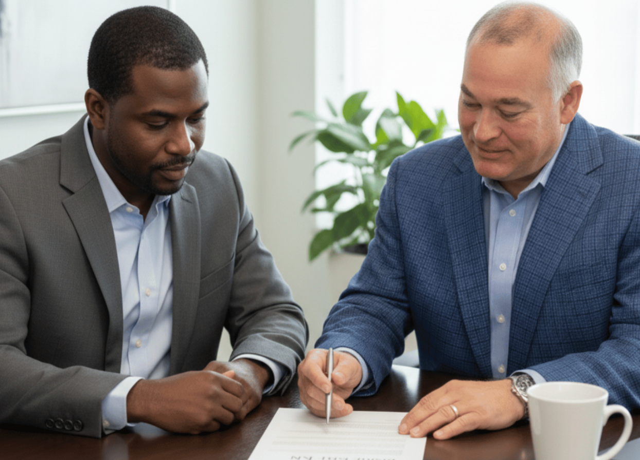 Two professionals in suits sit at a desk, reviewing and signing a document together in a well-lit office.