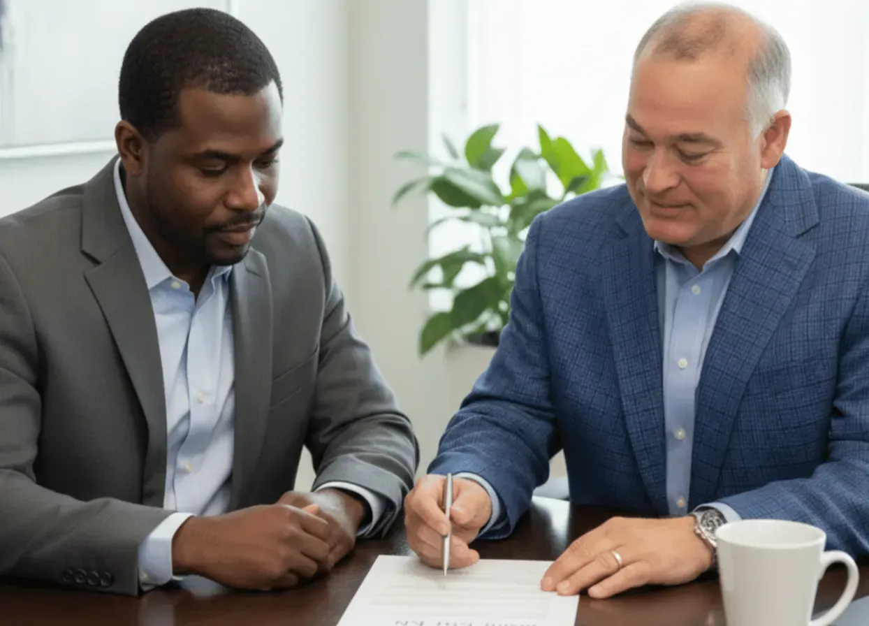 Sales manager coaching team at a whiteboard