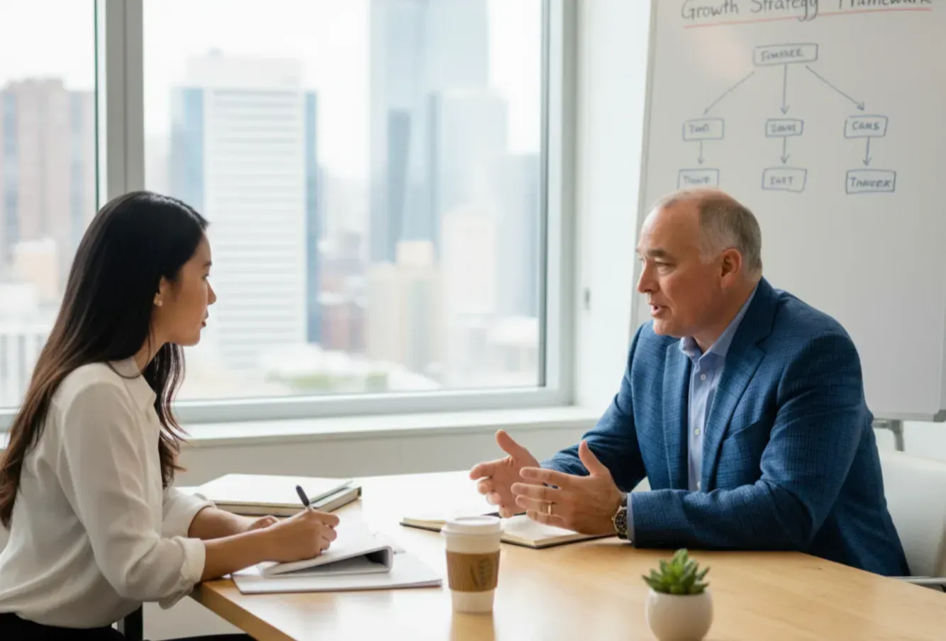 Two people in a bright office discuss a chart at a table with notebooks and a coffee cup.