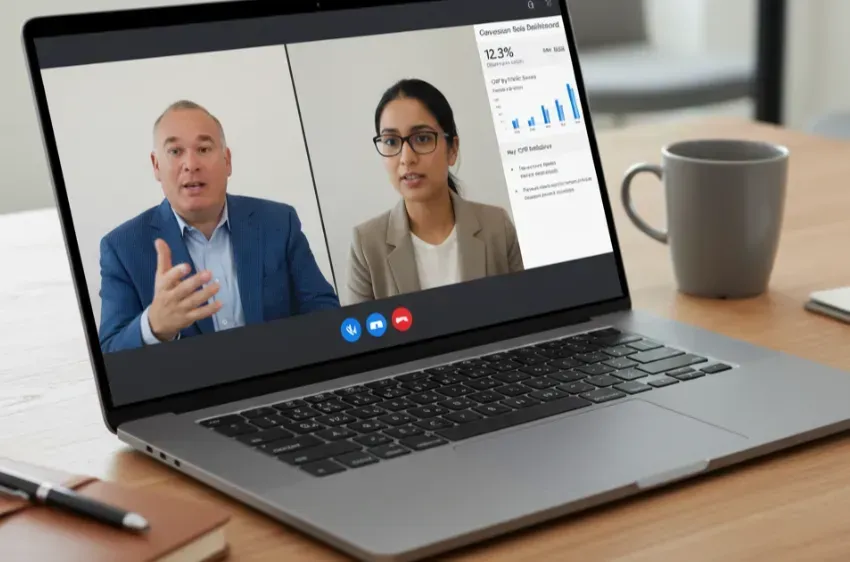 Video call on a laptop with two speakers and a chart on screen, beside a coffee mug on a desk.