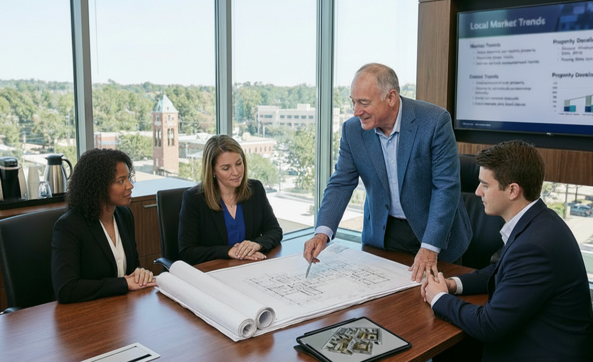 A group of professionals in a conference room gathered around a table to discuss architectural blueprints.