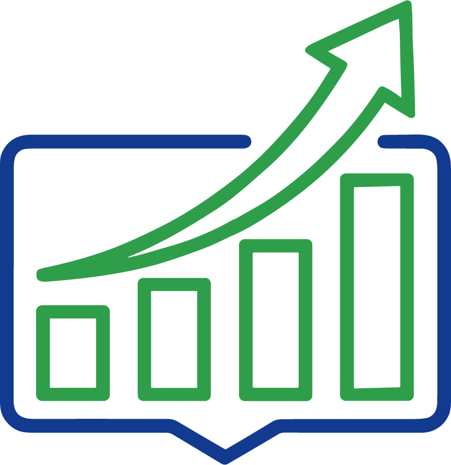 Blue speech bubble with green upward bar chart and arrow indicating growth or increase