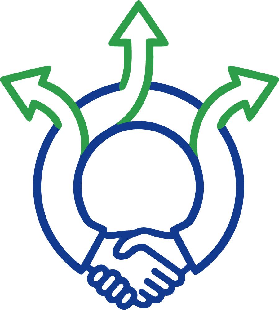 Blue handshake icon with green arrows pointing outward, suggesting growth or expansion