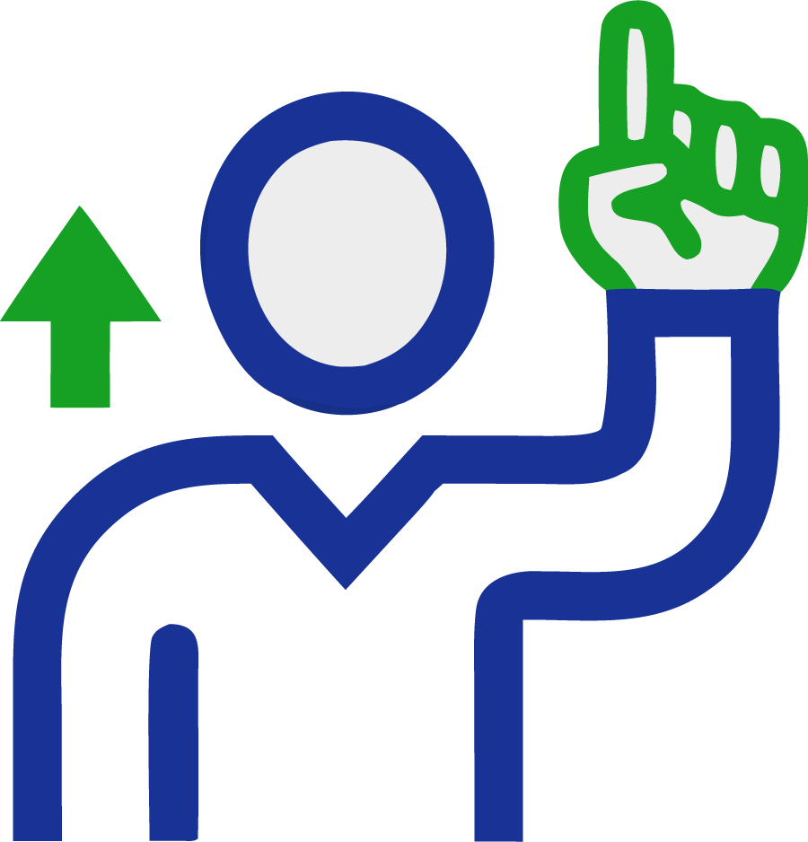 Blue outline person with green raised finger and arrow icon, indicating upward or next action