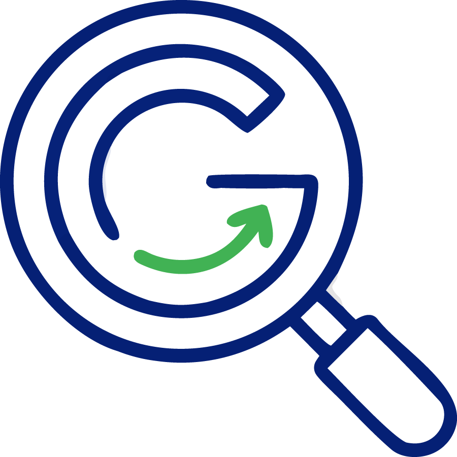 Blue magnifying glass over a blue-and-green circular arrow logo on white background