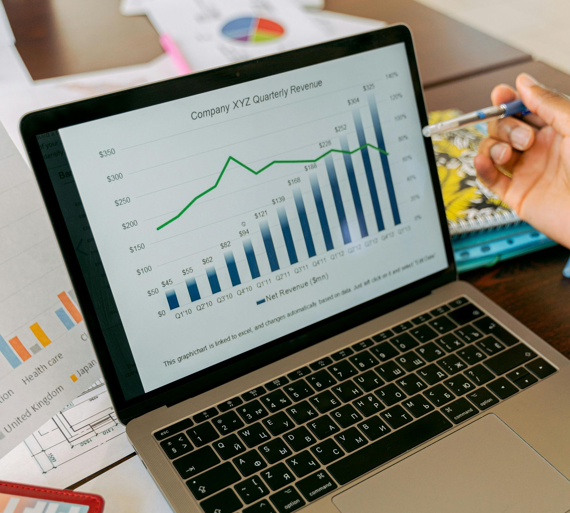 A person points a pen at a laptop screen displaying a business bar and line graph titled