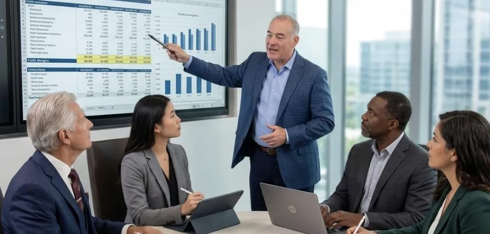 Business presentation in a conference room, with a man pointing at a chart on a wall screen as colleagues watch.