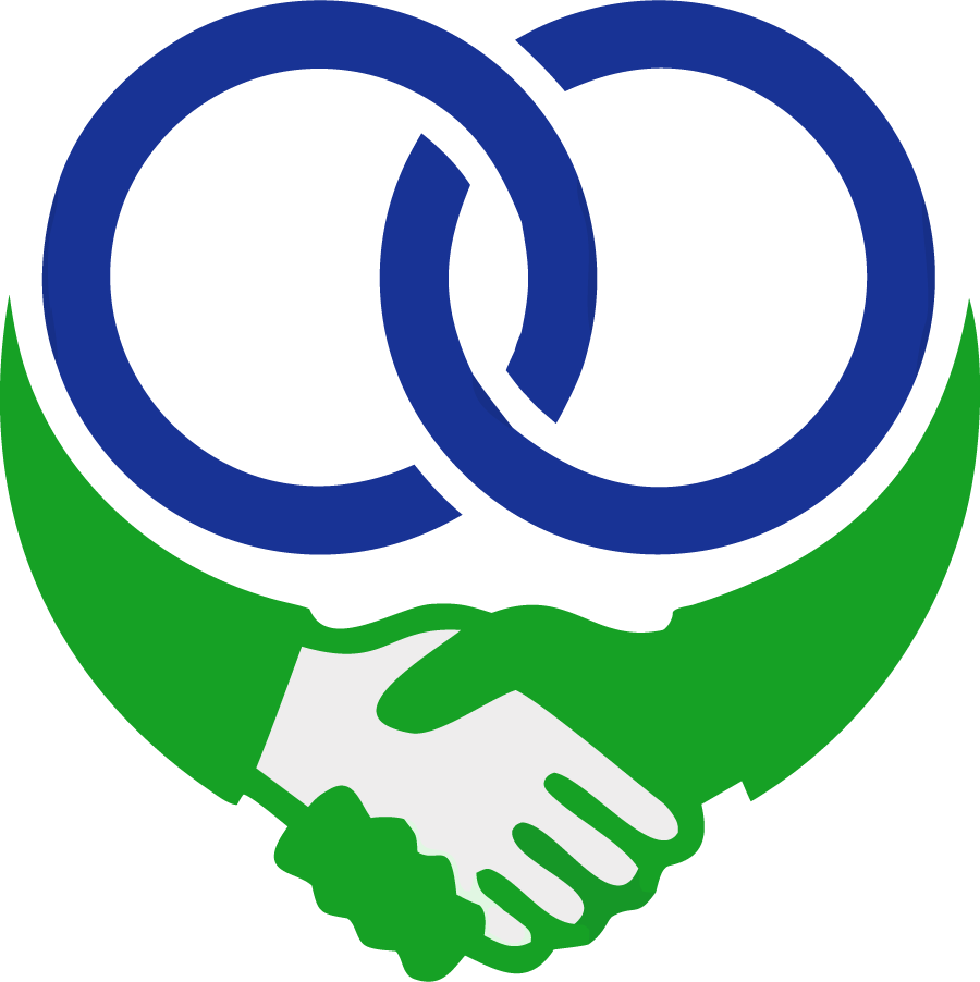 Blue interlocking circles above a green handshake, symbolizing partnership and cooperation