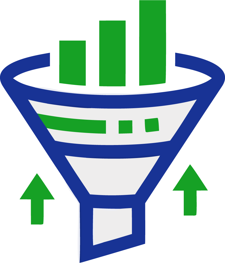 Blue funnel with green bars and arrows, suggesting growth or data flow