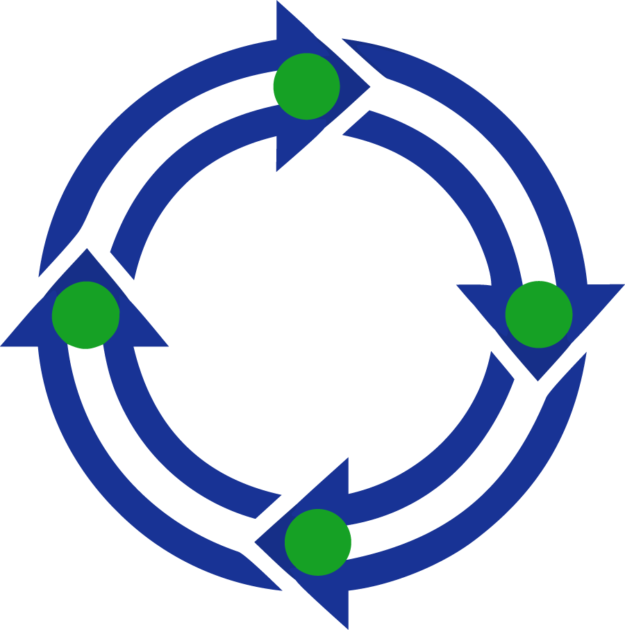 Blue circular arrows with four green dots, suggesting an ongoing cycle or process.