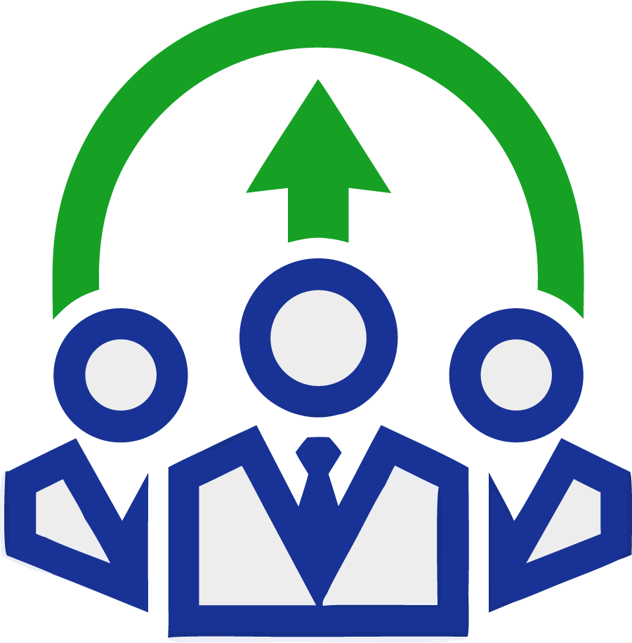 Three blue people icons under a green upward arrow and arc, symbolizing teamwork and growth
