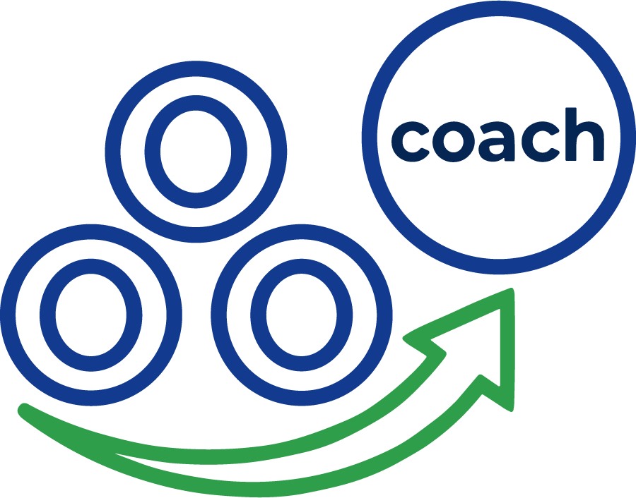 Blue circles and green upward arrow beside a blue circle labeled “coach”