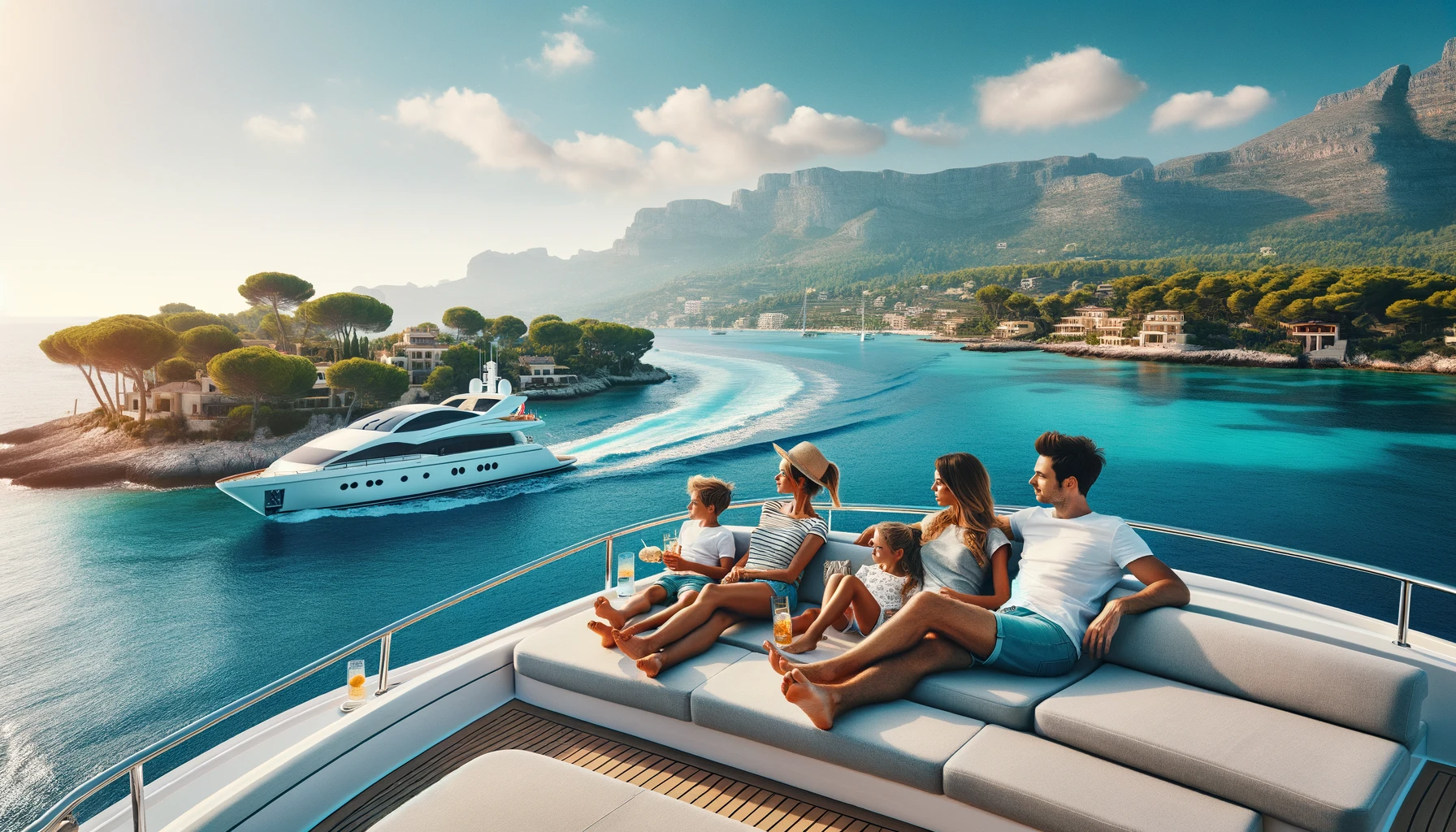 a family sits on a couch on a boat with a boat in the background