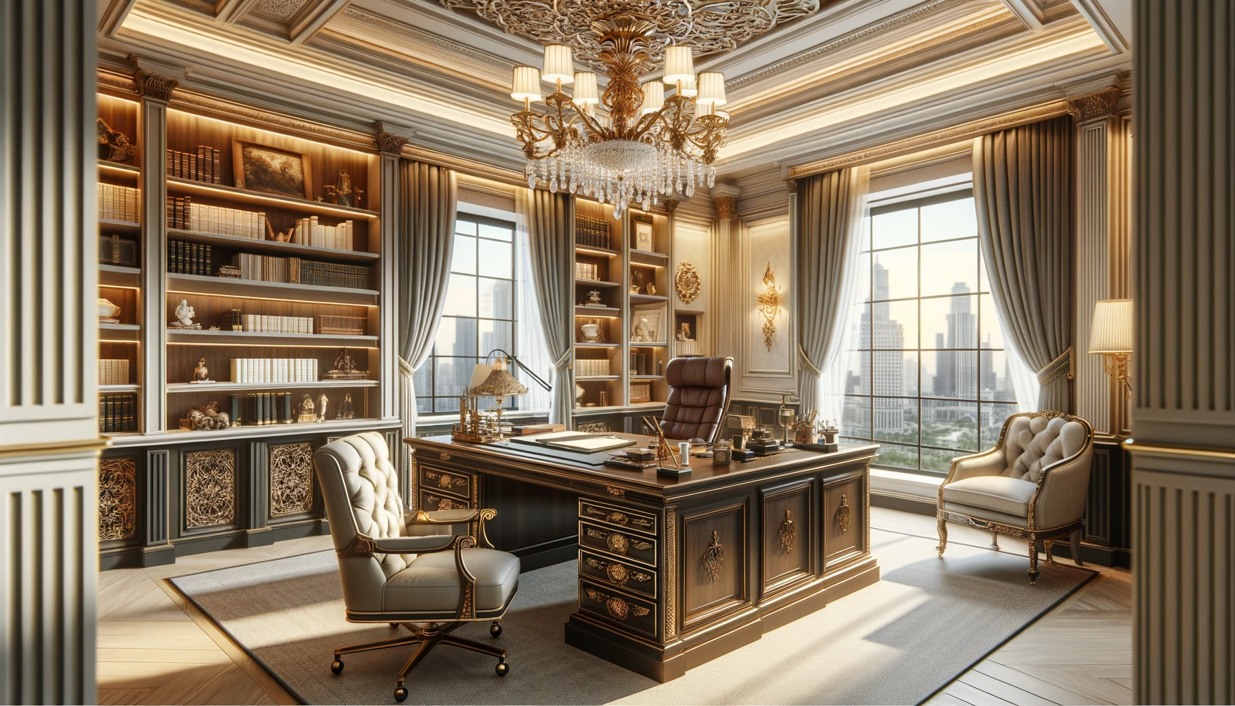 a very ornate office with a large desk and chair