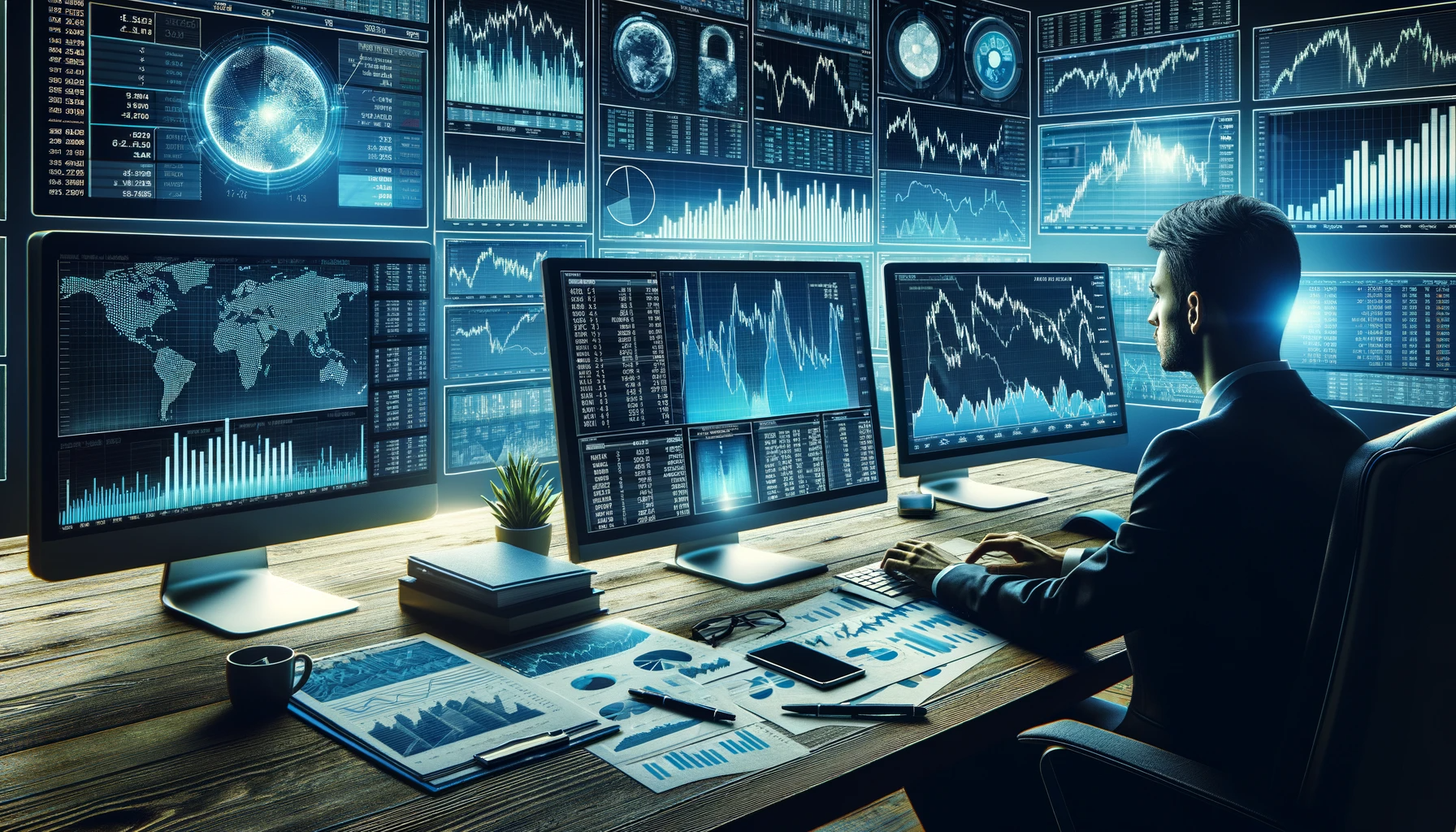 a man is sitting at a desk surrounded by computer monitors displaying graphs and charts