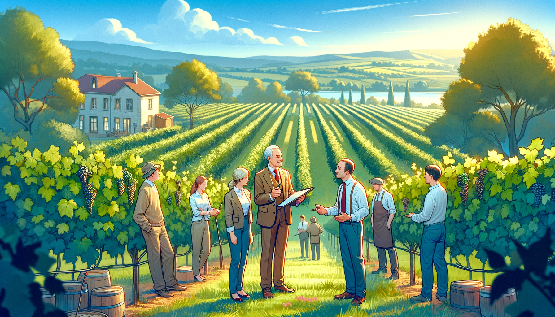 an illustration of a group of people in a vineyard