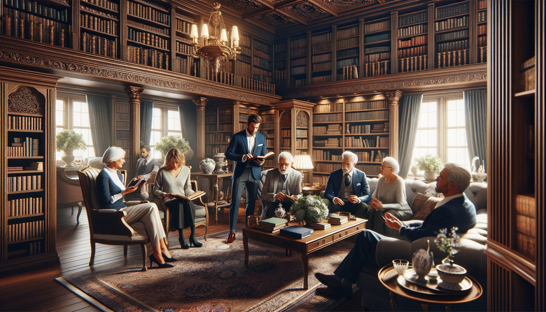 a group of people are sitting around a table in a library