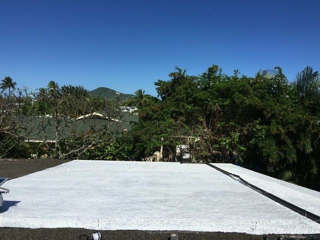 A white roof with trees in the background and a blue sky