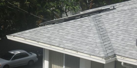 Gray shingle roof with solar panels, white gutters, and a car parked in front of a house.