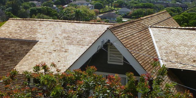A house with a wooden roof is surrounded by trees.
