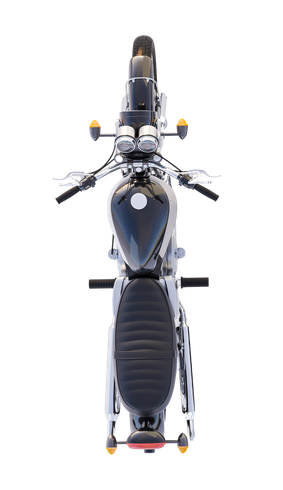 La parte anteriore di una motocicletta è mostrata su uno sfondo bianco.