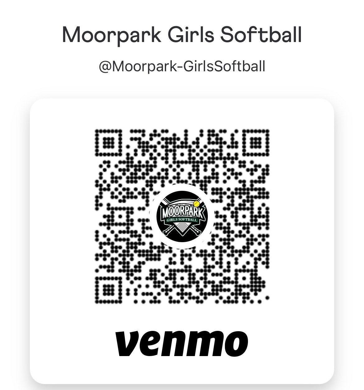 Moorpark Girls Softball Venmo QR code with team logo and handle at top