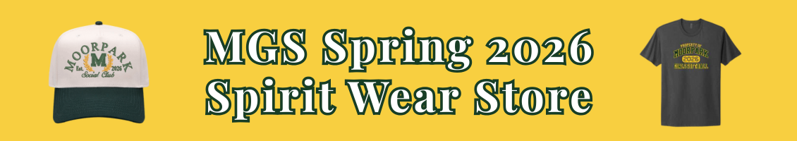 MGS Spring 2026 Spirit Wear Store banner with white cap and black T-shirt on yellow background