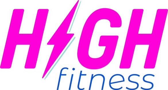 Logo for High Fitness, with bright pink text and a blue lightning bolt. The word