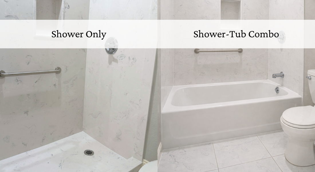 Split-screen bathroom comparison: shower-only stall and shower-tub combo with toilet.