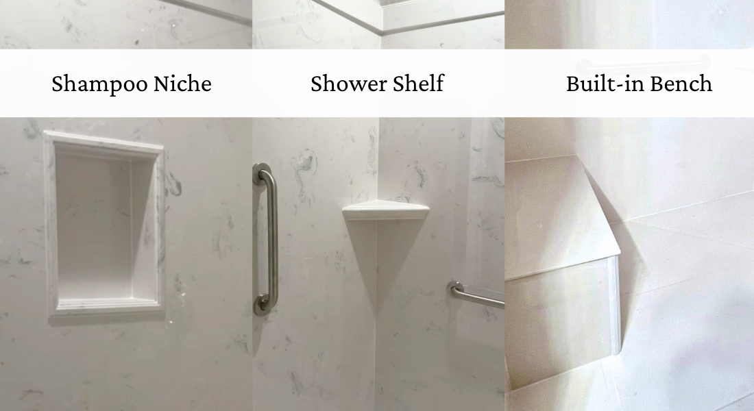 Bathroom features labeled shampoo niche, shower shelf, and built-in bench in a tiled shower.