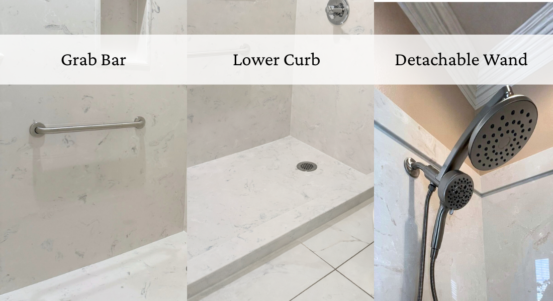 Bathroom safety features: grab bar, lower curb, and detachable shower wand