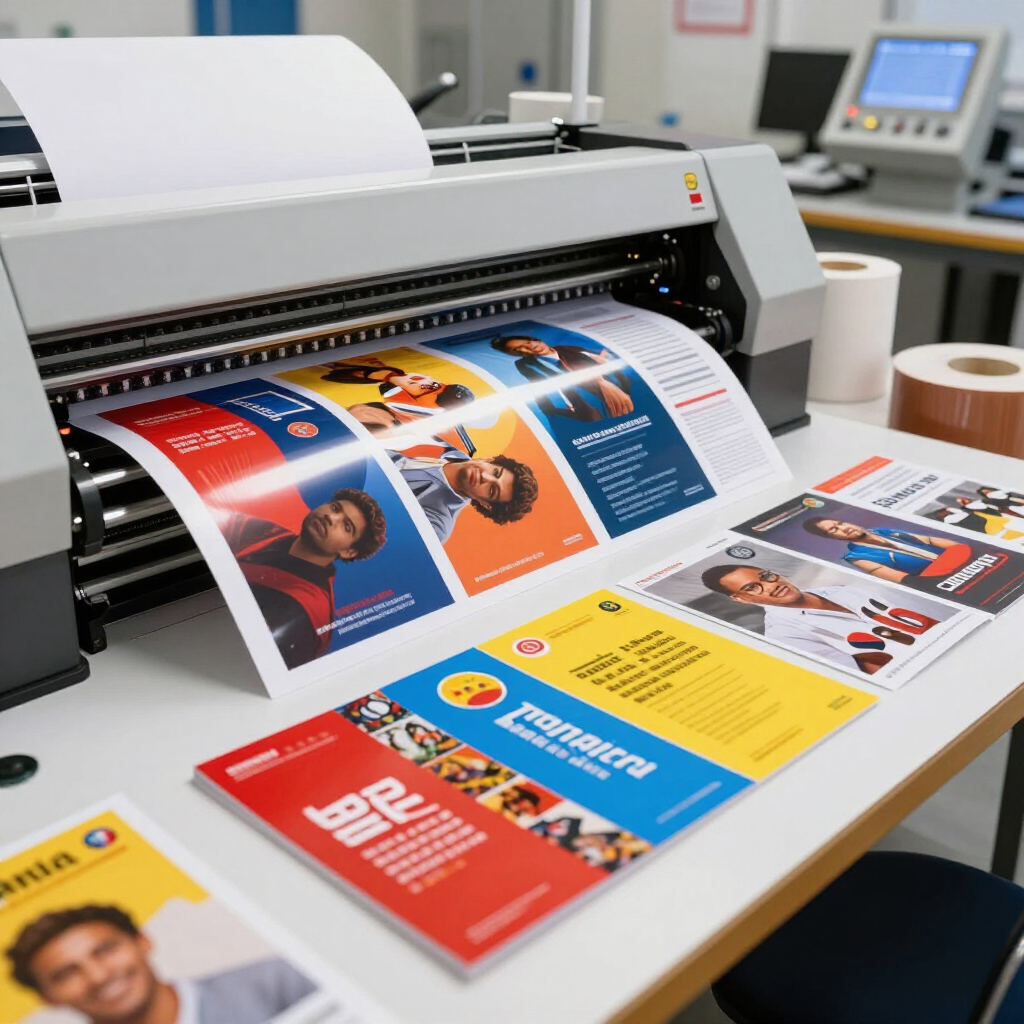 Stampante di grande formato che produce poster colorati in una tipografia.