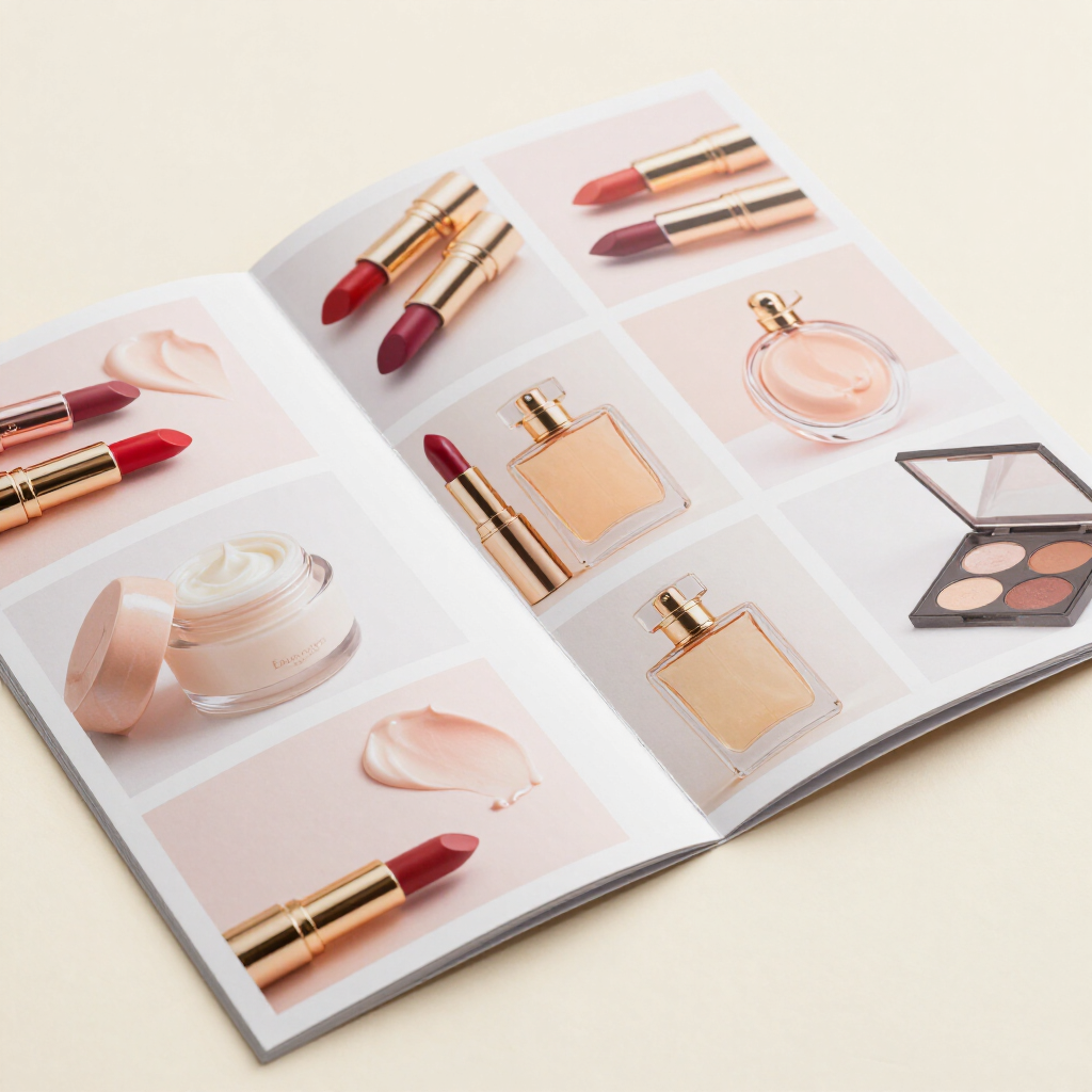 Una rivista di cosmetici: si possono ammirare rossetti, flaconi di profumo e palette di ombretti in delicate tonalità di rosa