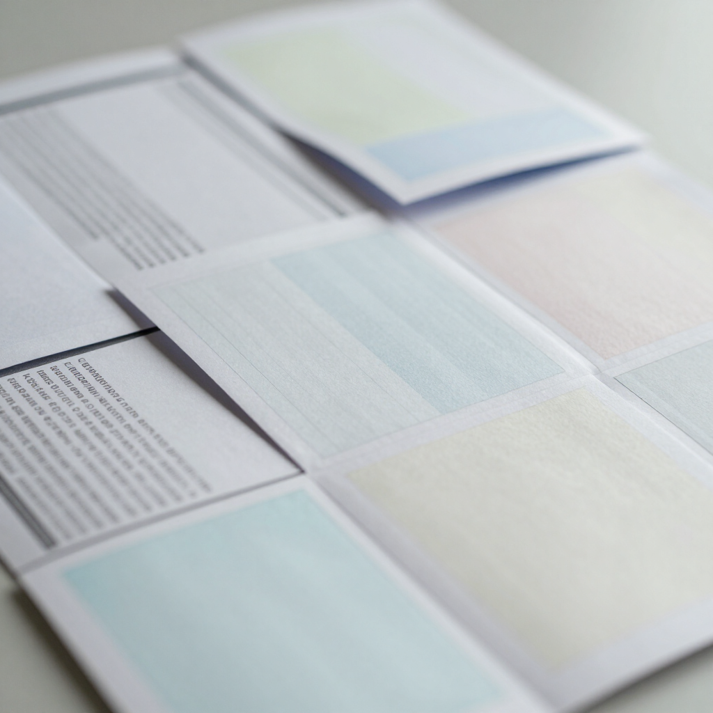 Libretto aperto con pagine azzurre e bianche su sfondo grigio.