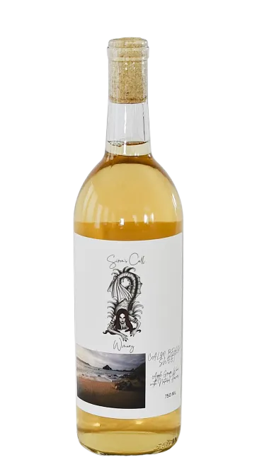 Clear bottled beverage with a cork stopper and white label featuring a black illustration and landscape photo.