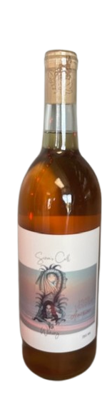 Tall amber wine bottle with a cork, featuring a pale label with a floral illustration.