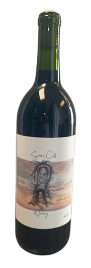 Dark wine bottle with a white label featuring an illustrated figure and green neck foil