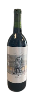 Dark red wine bottle with a green neck and illustrated label on a white background
