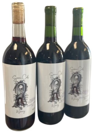 Three dark wine bottles with white labels, standing side by side on a white background.