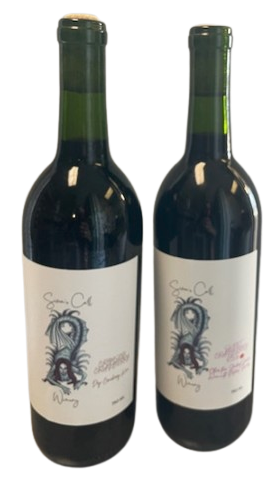 Two dark wine bottles with cream labels and green necks standing side by side on a white background